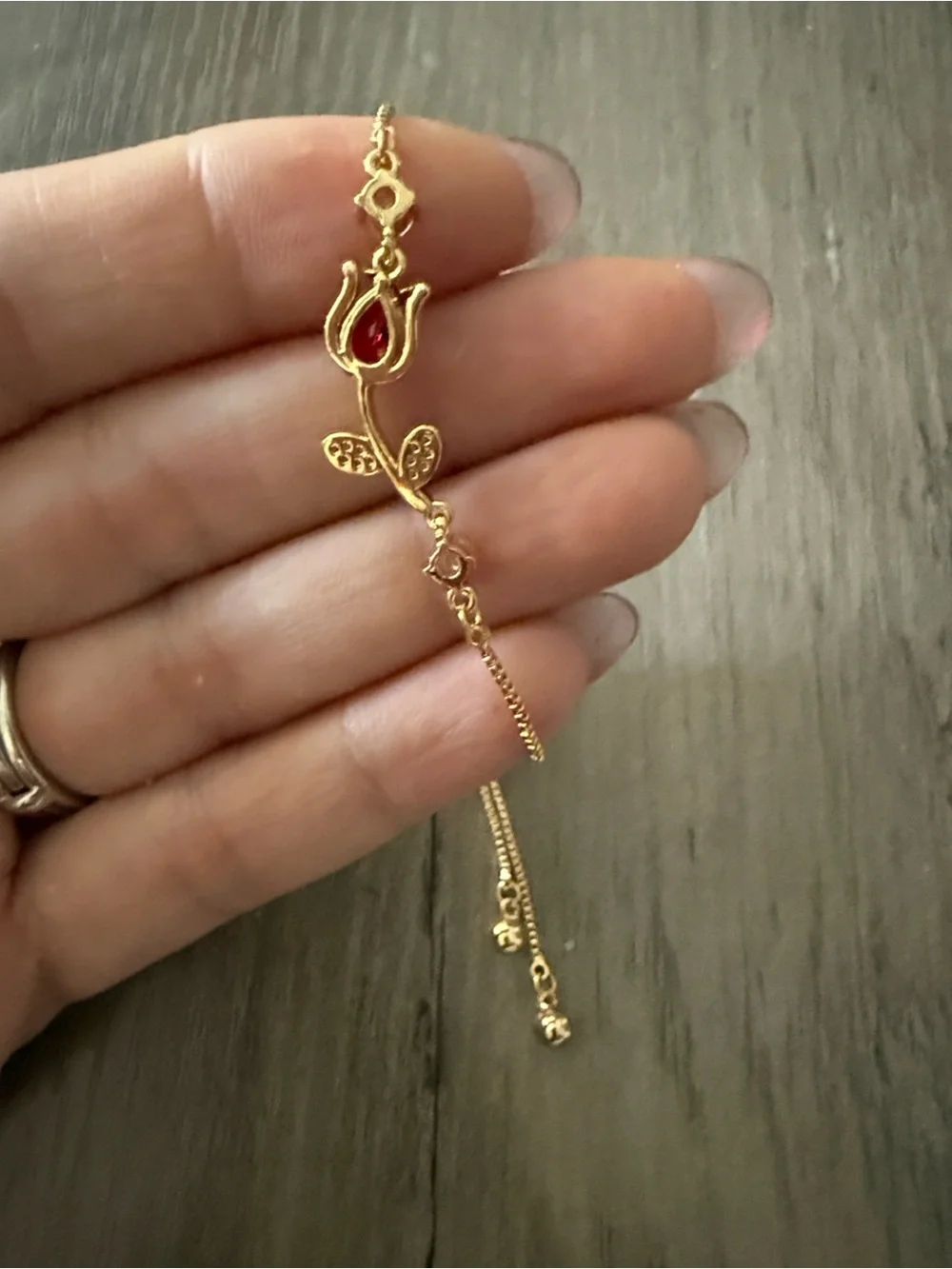 Dainty 14K Gold Plated Rose Bracelet with Red Gemstone Adjustable Jewelry